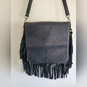Black snakeskin and fringe crossbody bag